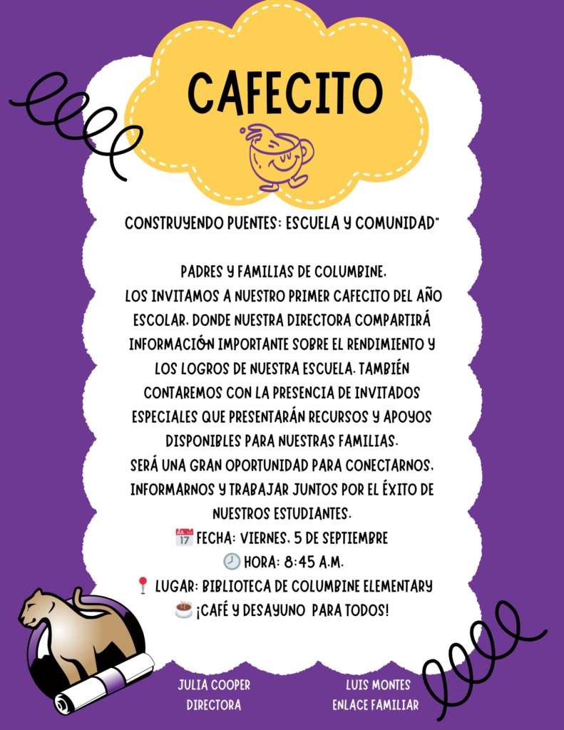 Event flyer for a community coffee gathering at Columbine Elementary School on September 5, 8:45 AM, with breakfast.