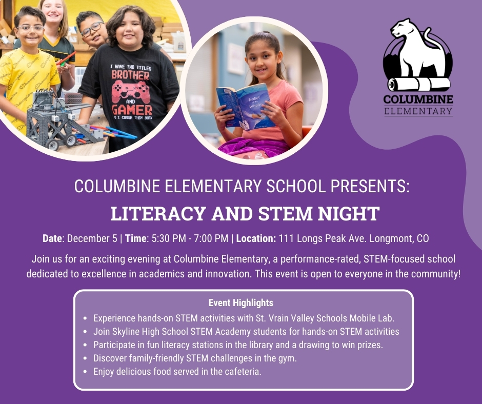 Literacy and STEM night flyer in English: Dec. 5th 5:30-7pm