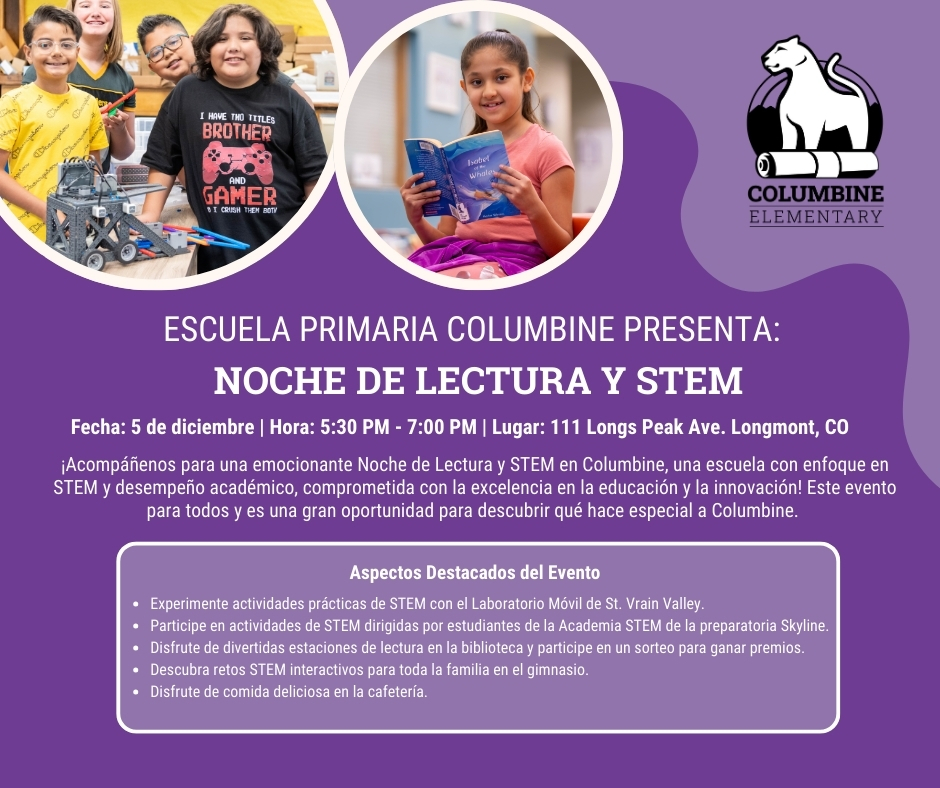 Literacy and STEM night flyer in Spanish: Dec. 5th 5:30-7pm