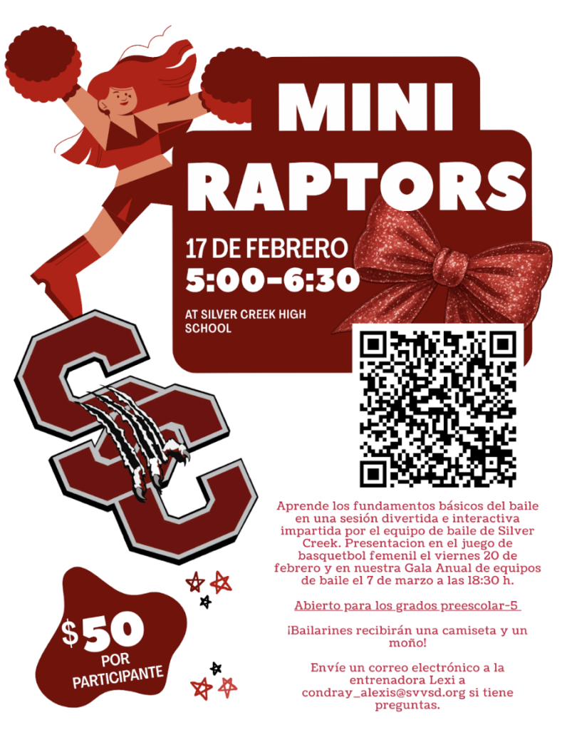Event flyer for Mini Raptors dance session on February 17 at Silver Creek High School, 5:00-6:30 PM. Cost: $50.