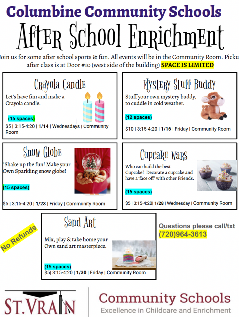 After school enrichment activities at Columbine Community Schools, including crafts and cupcake wars, with limited spaces.