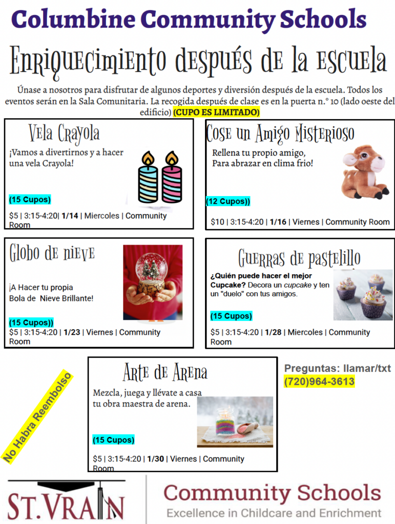 Event flyer for Columbine Community Schools featuring after-school activities like crafting, sports, and fun events.