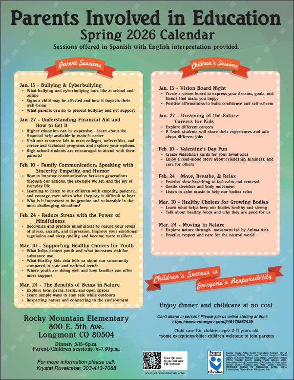 Spring 2026 calendar for Parents Involved in Education sessions at Rocky Mountain Elementary, covering various topics for families.