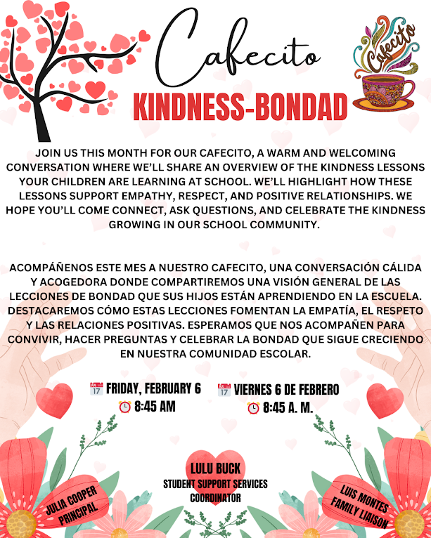Event flyer for a Cafecito discussing kindness lessons in school, featuring details about the date, time, and participants.