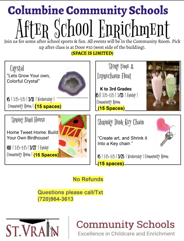 Poster for Columbine Community Schools' after-school enrichment programs, featuring various activities and details.
