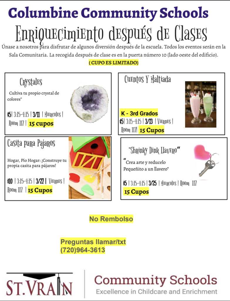 Event flyer for Columbine Community Schools featuring after-school activities like crystal making and storytelling.