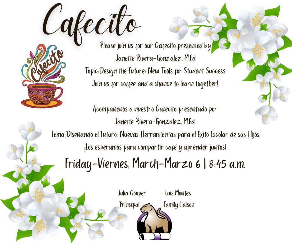 Invitation for a coffee event featuring Janette Rivera-Gonzalez on March 6 at 8:45 a.m., focusing on student success tools.