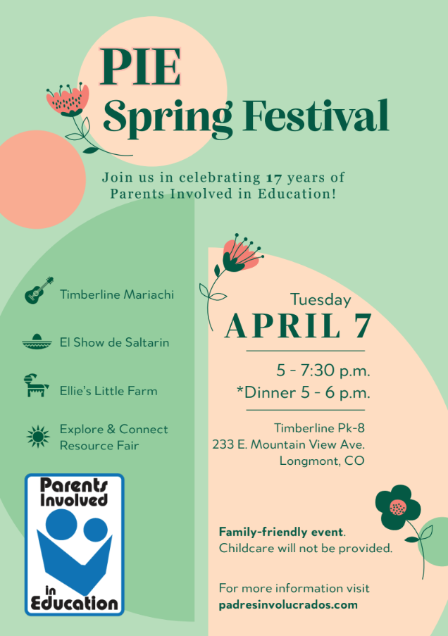 Event flyer for the PIE Spring Festival on April 7, featuring activities, dinner, and resource fair details.