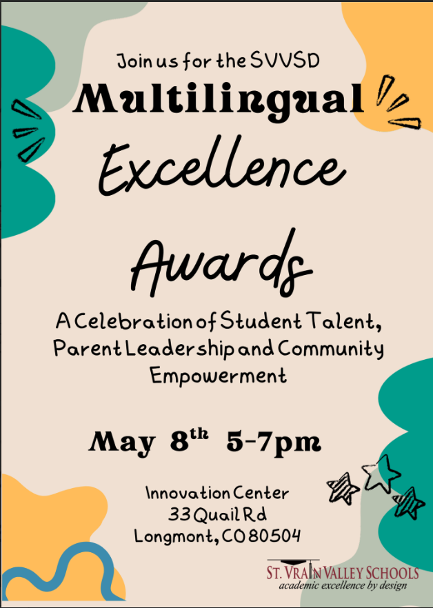 Event flyer for SVVSD Multilingual Excellence Awards on May 8th, 5-7 PM at Innovation Center, Longmont, CO.