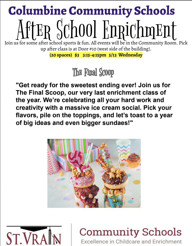 Poster for an ice cream social event featuring colorful sundaes with various toppings and decorations.