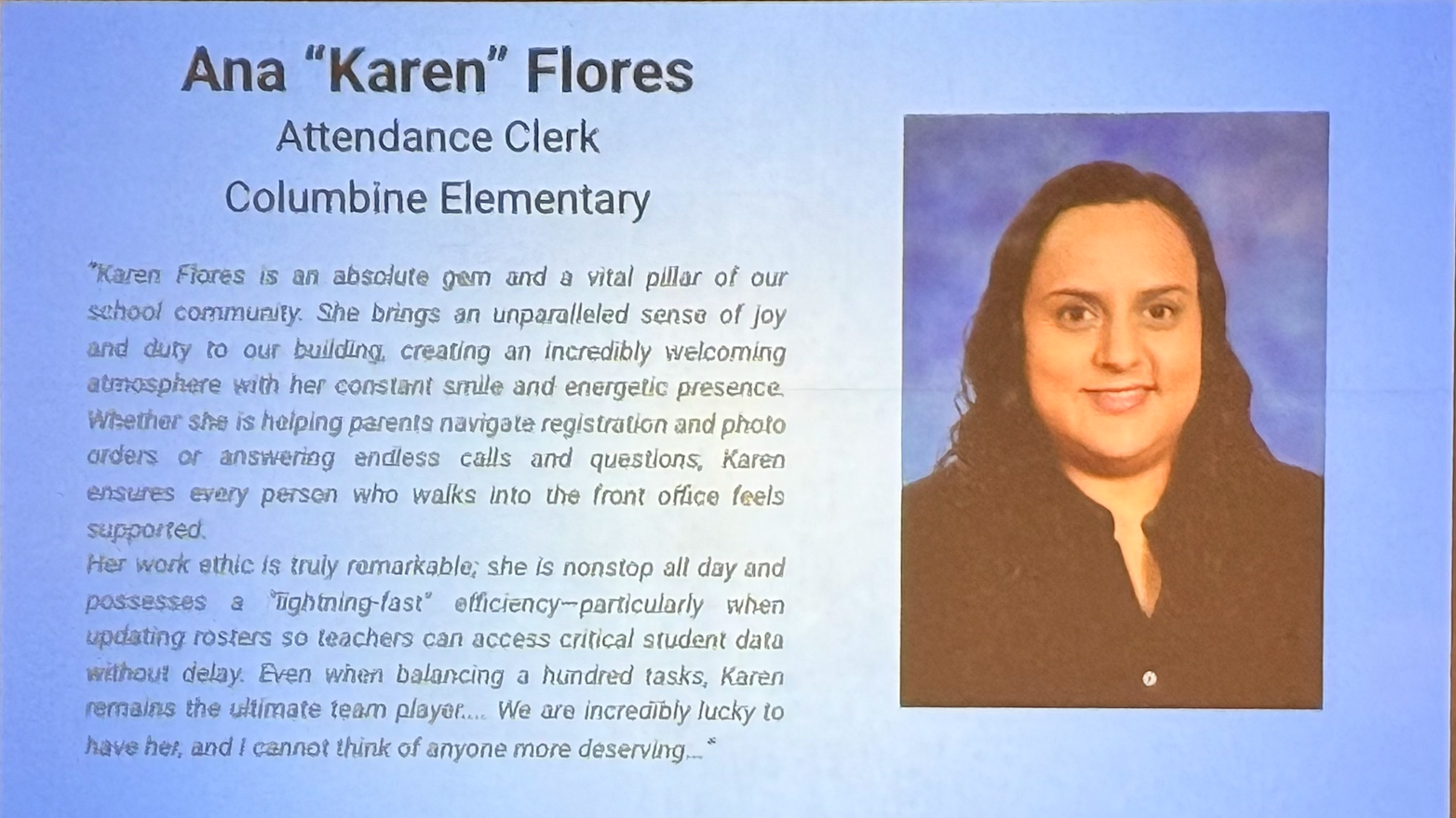 Image features a professional headshot of Ana "Karen" Flores, Attendance Clerk at Columbine Elementary.