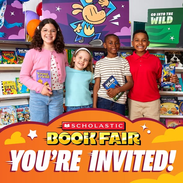 Four smiling children holding books at a Scholastic Book Fair. Bright signage invites attendees to the event.